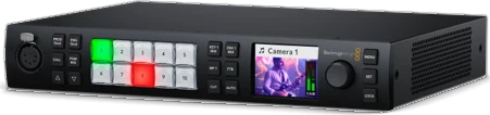 The ATEM 1 M/E Constellation 4K: a rack-mount switcher whose front panel has a grid of source buttons and a small screen.