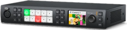 The ATEM 1 M/E Constellation HD: a rack-mount switcher whose front panel has a grid of source buttons and a small screen.