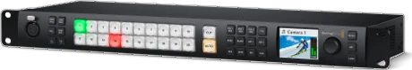 The ATEM 2 M/E Constellation HD: a slim rack-mount switcher with a long row of source buttons and a small screen.