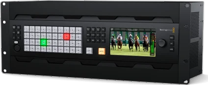 The ATEM 4 M/E Constellation 4K Plus: a taller rack-mount switcher with a large grid of source buttons and a small screen.