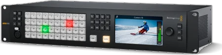 The ATEM 4 M/E Constellation 4K: a rack-mount switcher with a large grid of source buttons and a small screen.