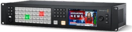 The ATEM 4 M/E Constellation HD: a rack-mount switcher with a large grid of source buttons and a small screen.
