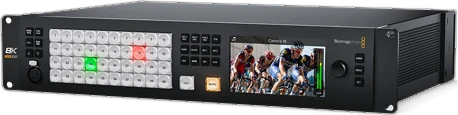 The ATEM Constellation 8K: a rack-mount switcher with a large grid of source buttons and a small screen.