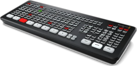 The ATEM Mini Extreme: a wider desktop switcher with eight input buttons and a larger bank of control keys.