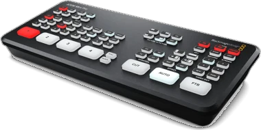 The ATEM Mini Pro: a compact desktop switcher with a row of large input buttons and Cut, Auto and Fade to Black keys.