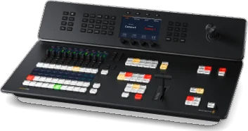 The ATEM Television Studio 4K8: a desktop broadcast panel with program and preview button rows, a T-bar and a small screen.