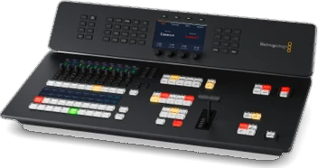 The ATEM Television Studio HD8: a desktop broadcast panel with program and preview button rows, a T-bar and a small screen.