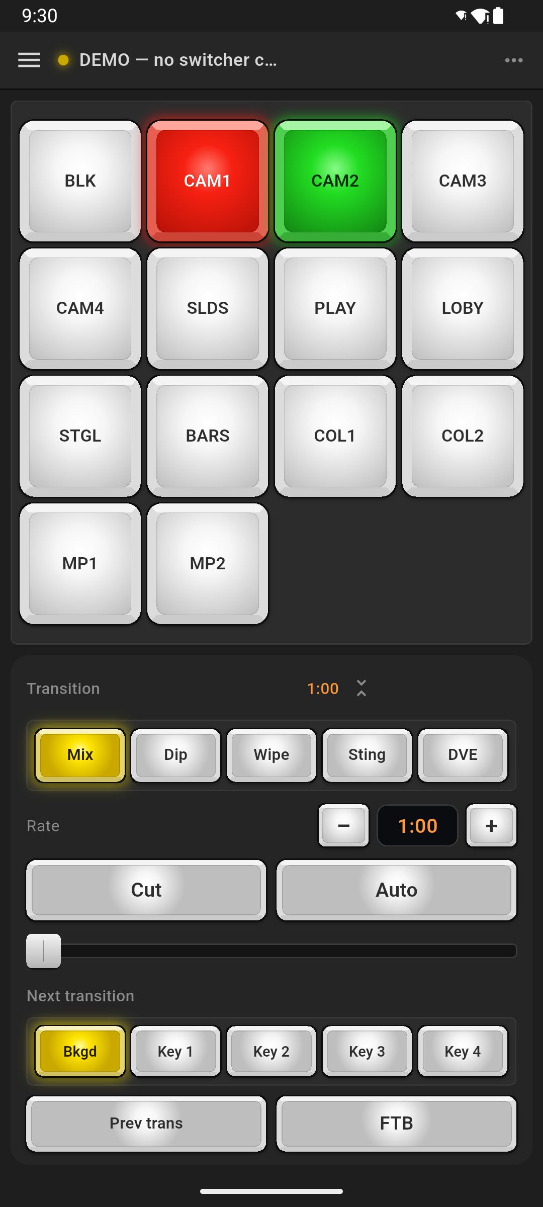 ProSwitcher on a phone showing the combined source grid with a red program source and a green preview source.