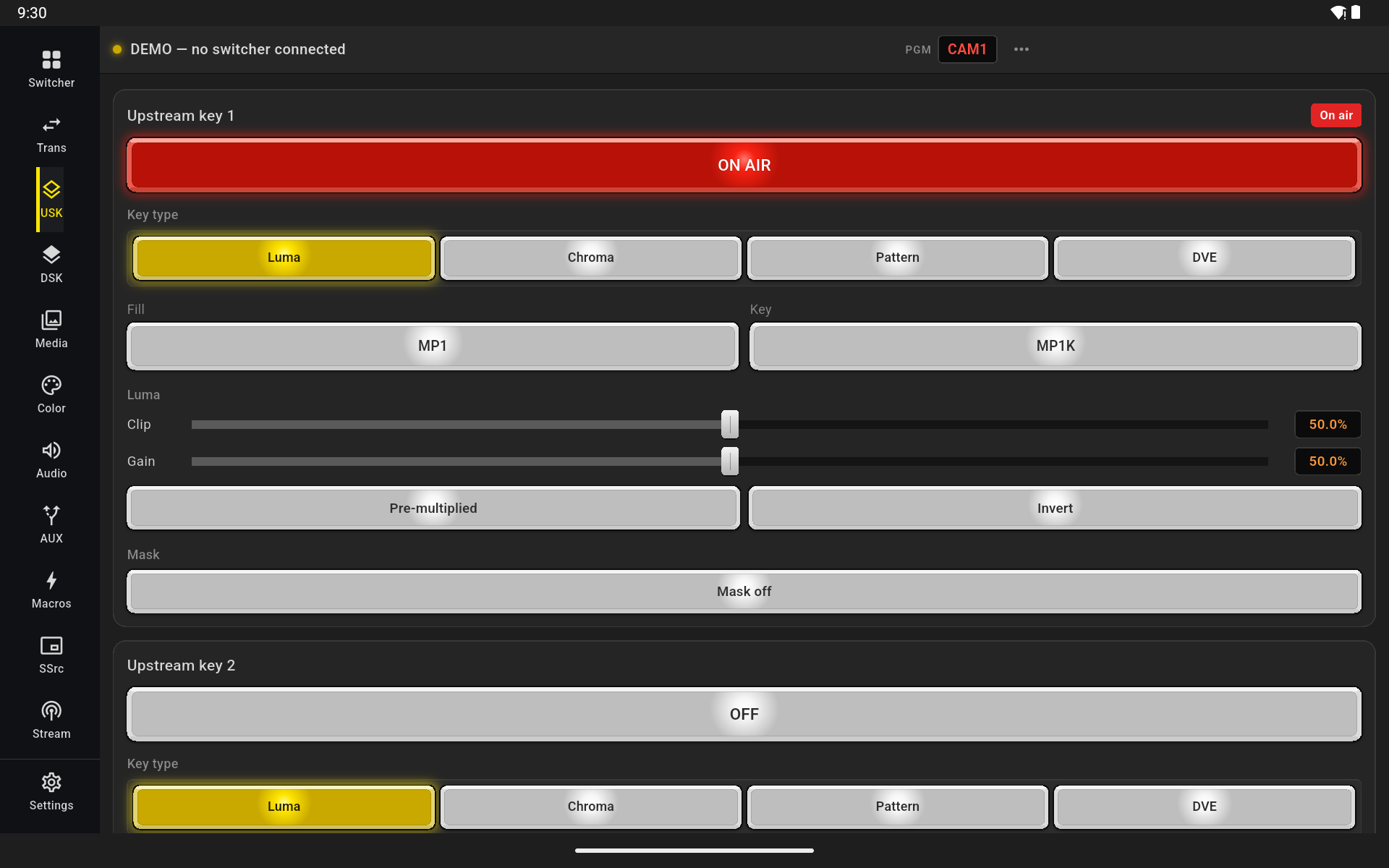 The upstream keyer panel showing key type, fill and key sources, and clip and gain controls.