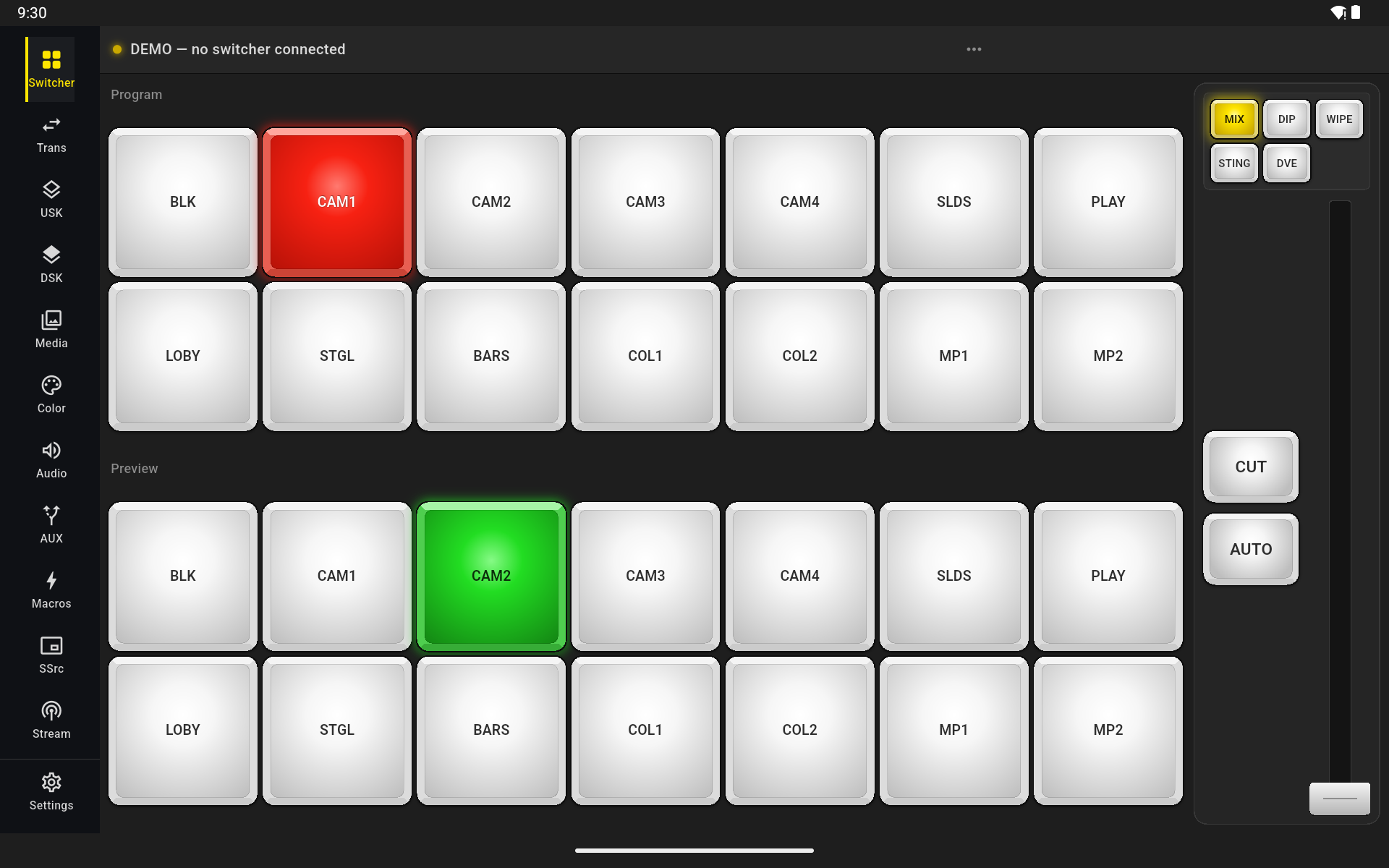ProSwitcher on a tablet: Program and Preview buses with CAM1 live in red and CAM2 cued in green, transition controls and a T-bar down the right side.
